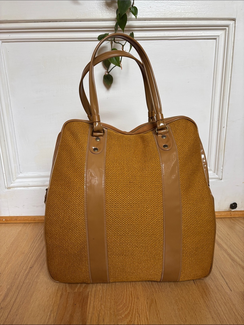 Vintage Insulated Tote Bag Mustard Yellow with Tan Patent Leather Trim
